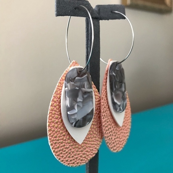 Handmade Peach/Pink Vegan Leather & Acrylic Hoops - Picture 2 of 2
